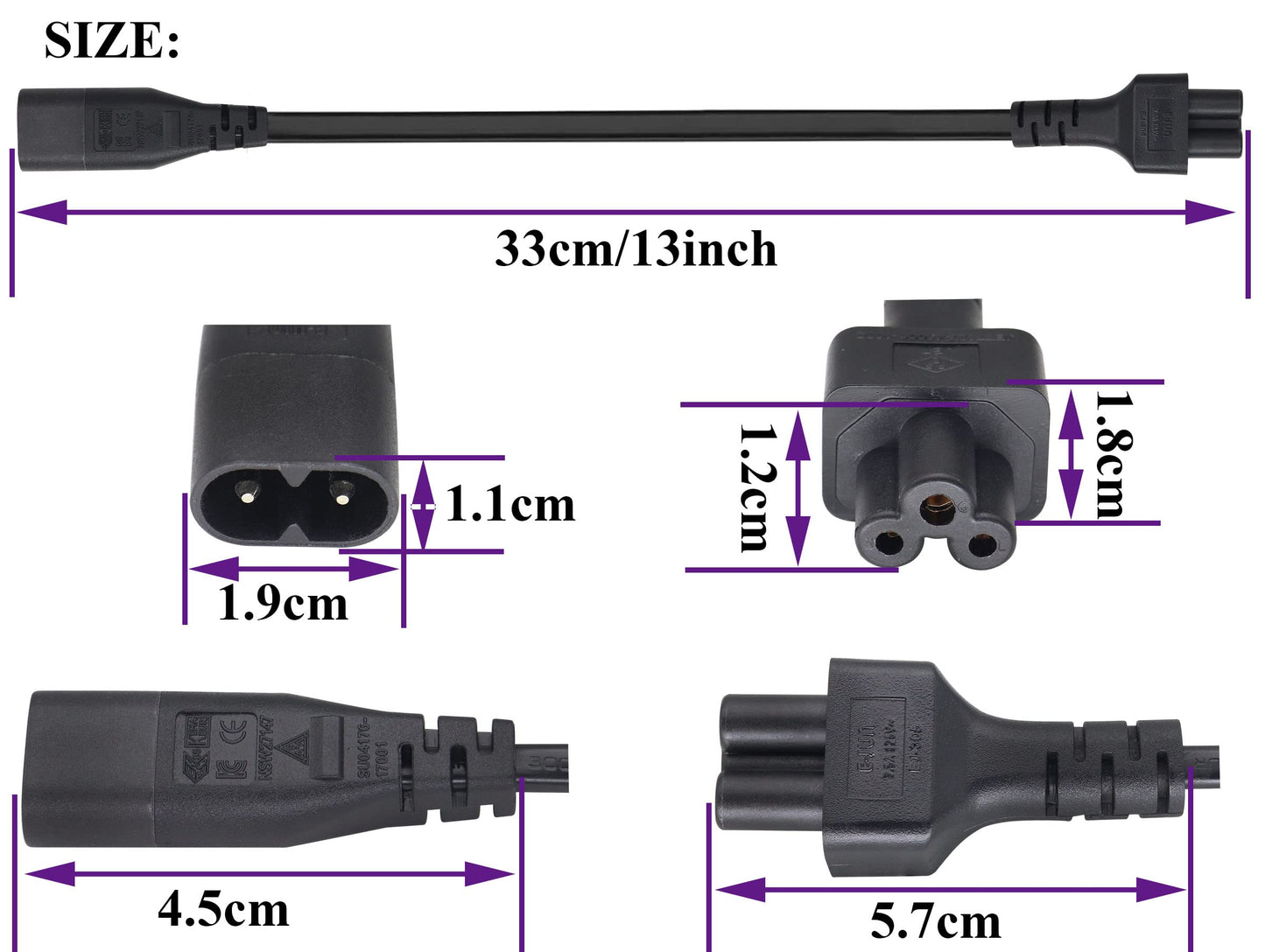 AAOTOKK (2 Pack) IEC 320 C8 to C5 AC Adapter Cable,7.5A 125V Figure 8 Male to Mickey Mouse 3Pole Female AC Power Converter Cable for TV PC Computer…