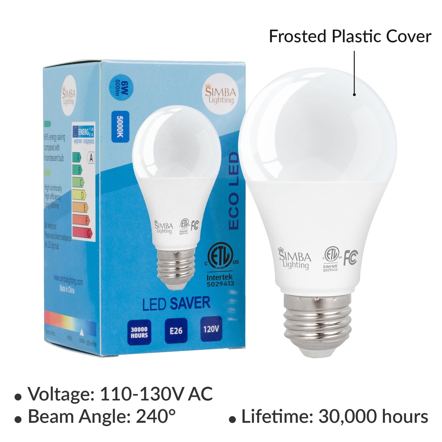 Simba Lighting LED A19 6W 120V ETL Listed Light Bulbs E26, 5000K, 4 Pack