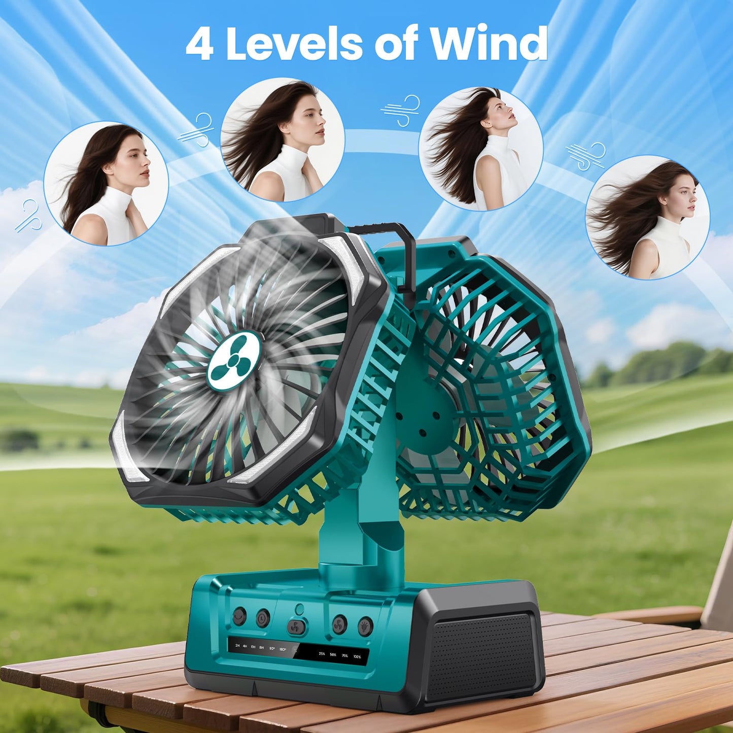 Dual Head Portable Rechargeable Fan 20000mAh Battery Powered Camping Fan Cordless with LED Lantern & Remote, Auto Oscillation, Hook, Battery Operated