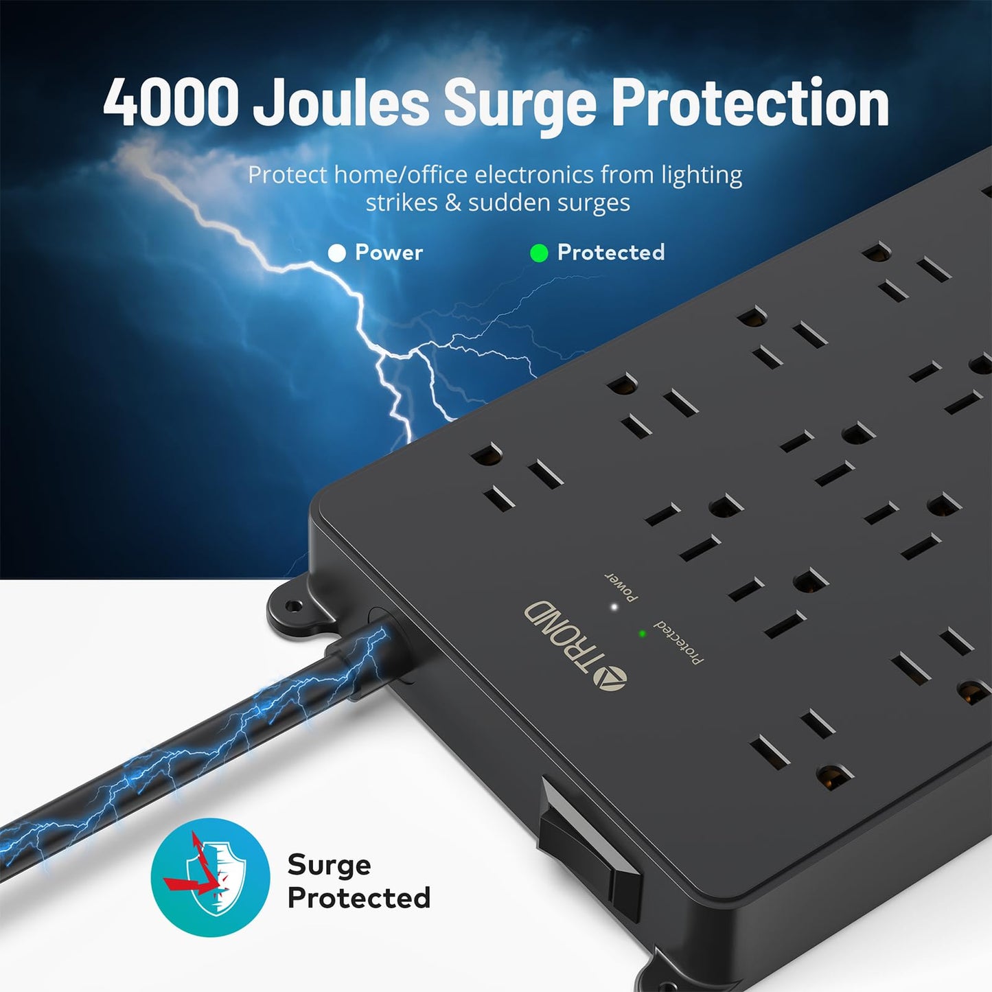 TROND Surge Protector Power Strip, 5ft Flat Plug Extension Cord with Multiple Outlets, 22 Widely Spaced AC with USB Ports, 4000 Joules, Heavy Duty