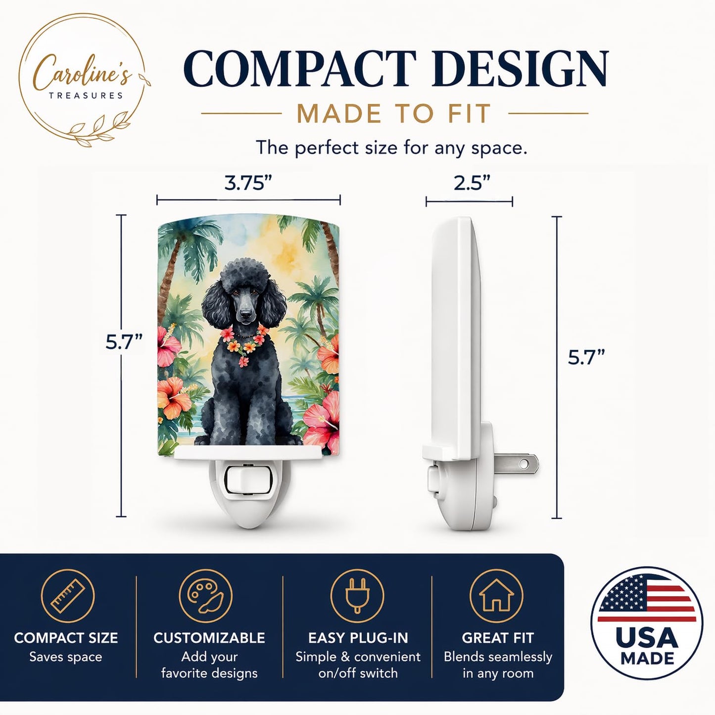 Caroline's Treasures Black Poodle Luau Ceramic Night Light Compact, UL-Certified, Ideal for Bedroom, Bathroom, Nursery, Hallway, Kitchen, 6x4x3