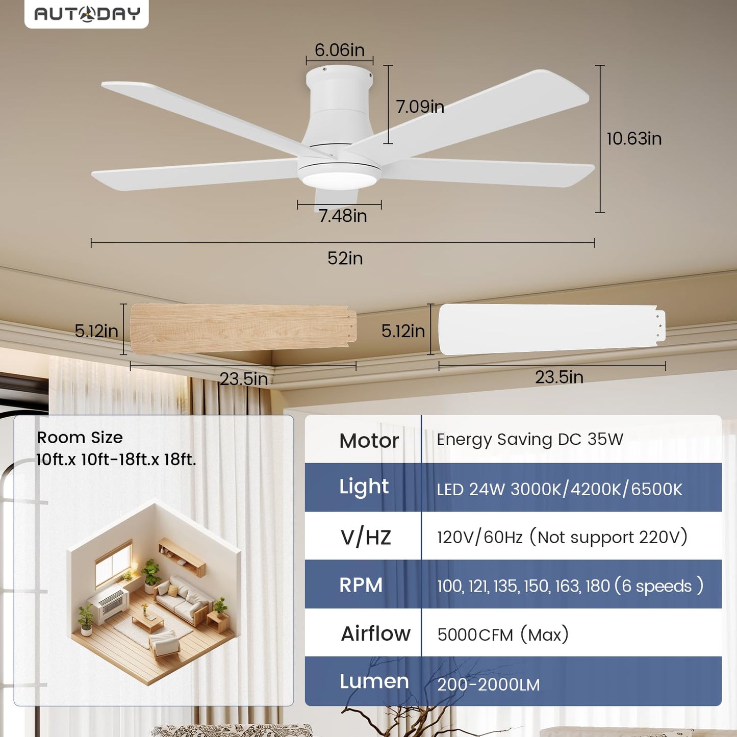 Autoday 52 Inch Ceiling Fans with Lights and Remote, White