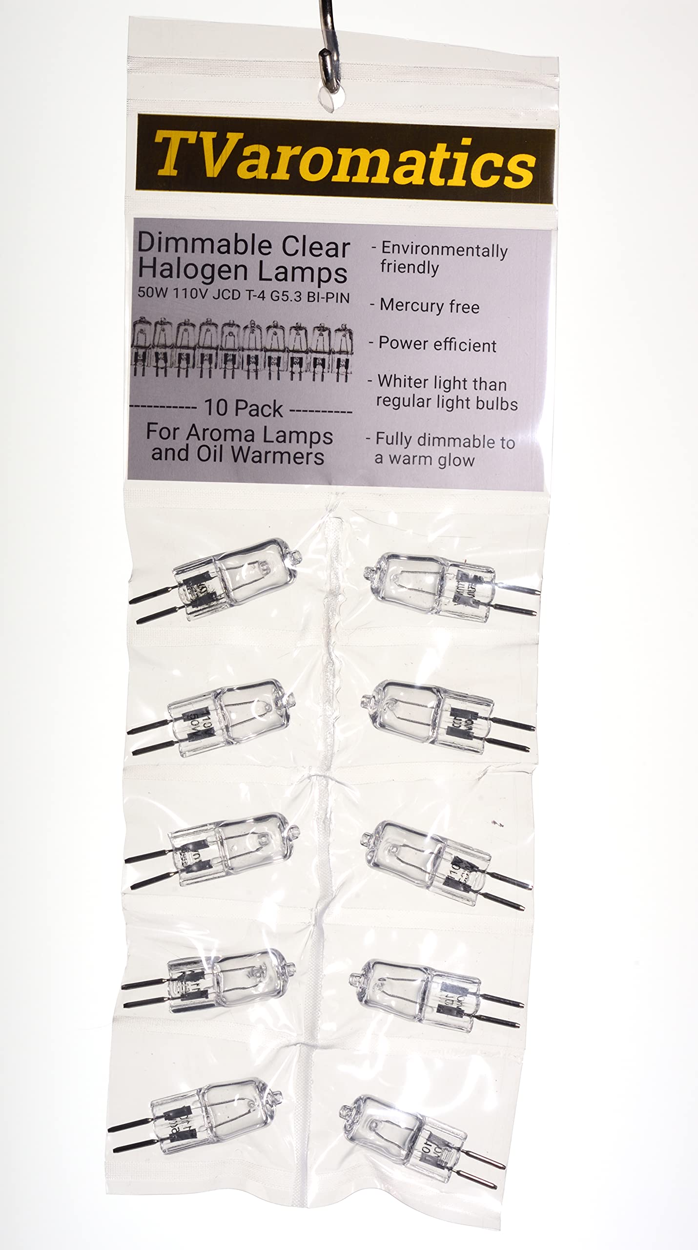 TVaromatics 50W 110V JCD T4 Clear Halogen G5.3 Bipin C2V Filament Pack of 10 Bulbs for Aroma Lamps Oil Warmers
