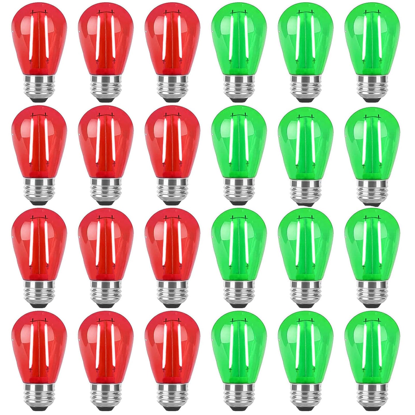 LRSUEYSKIN 24 Pack S14 Red and Green Colored LED Light Bulb 2W Christmas Replacement String Lights Bulb E26 Base Plastic Shatterproof Waterproof LED