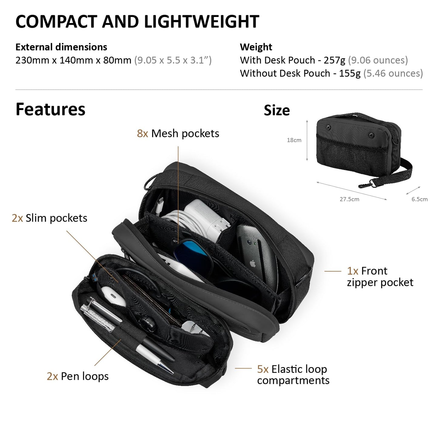 AZG GO Travel Organizer Pouch Electronic Accessories Carry Case Waterproof Double Layers All-in-One for Cord, Phone, Airpods, USB Flash Drive for Men