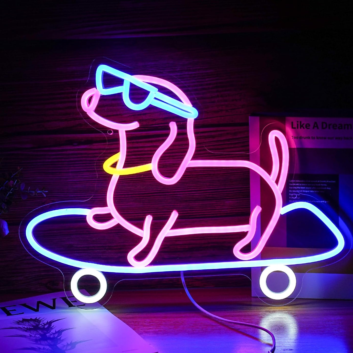 Skateboard Dog Neon Sign Dimmable Funny Dachshund Skateboarding LED Neon Light Wall Art Decor for Bedroom Bar Game Room Cute Pet Lover Gift
