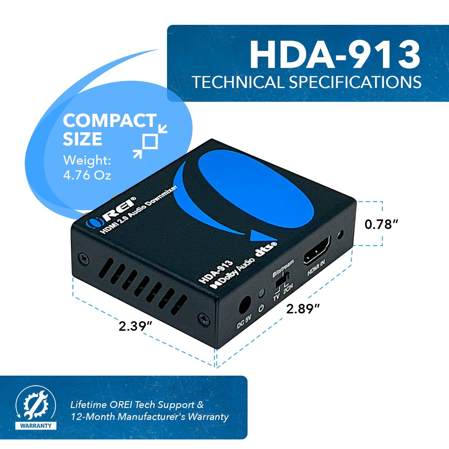 OREI 4K HDMI Audio Decoder Extractor, Downmix Audio Decoding DTS to Analog 3.5mm Jack Support Headphone/Speaker L/R Outputs or Optical SPDIF (HDA-913)