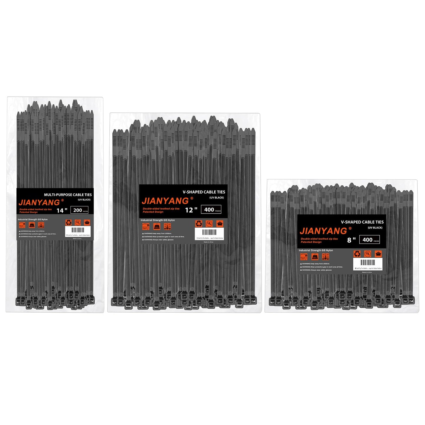 Zip Ties Assorted Size,8+12+14 Inch V-Shaped Toothed Double Sided Toothed,100 LBS Tensile Strength Heavy Duty Cable Wire Ties More Durable Nylon Tie