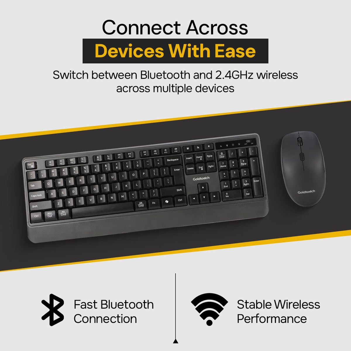 Goldtouch Wireless Keyboard and Mouse Combo, 2.4GHz and Bluetooth, Black