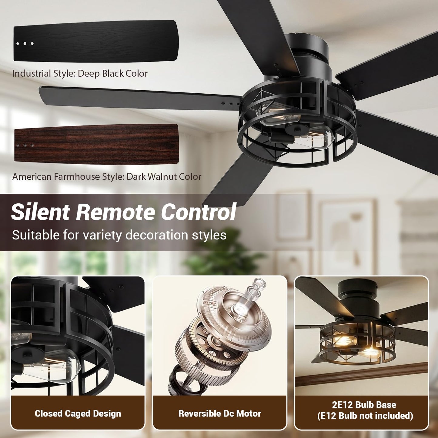 TCL 52" Black Caged Flush Mount Ceiling Fan with Light & Remote