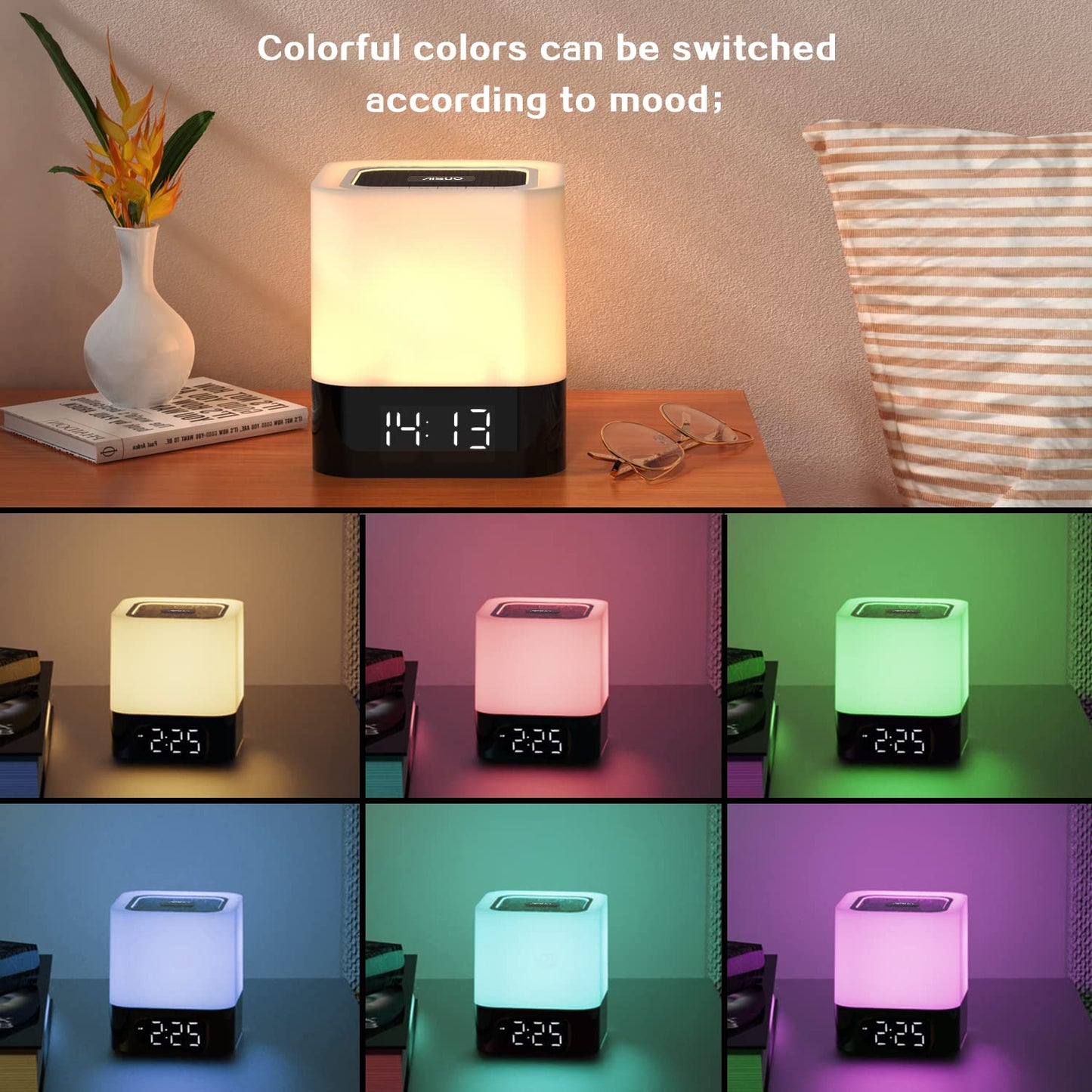 Aisuo Night Light-5 in 1 Bedside Lamp with Bluetooth Speaker, 12/24H Digital Calendar Alarm Clock, Touch Control, Support TF and SD Card, Music