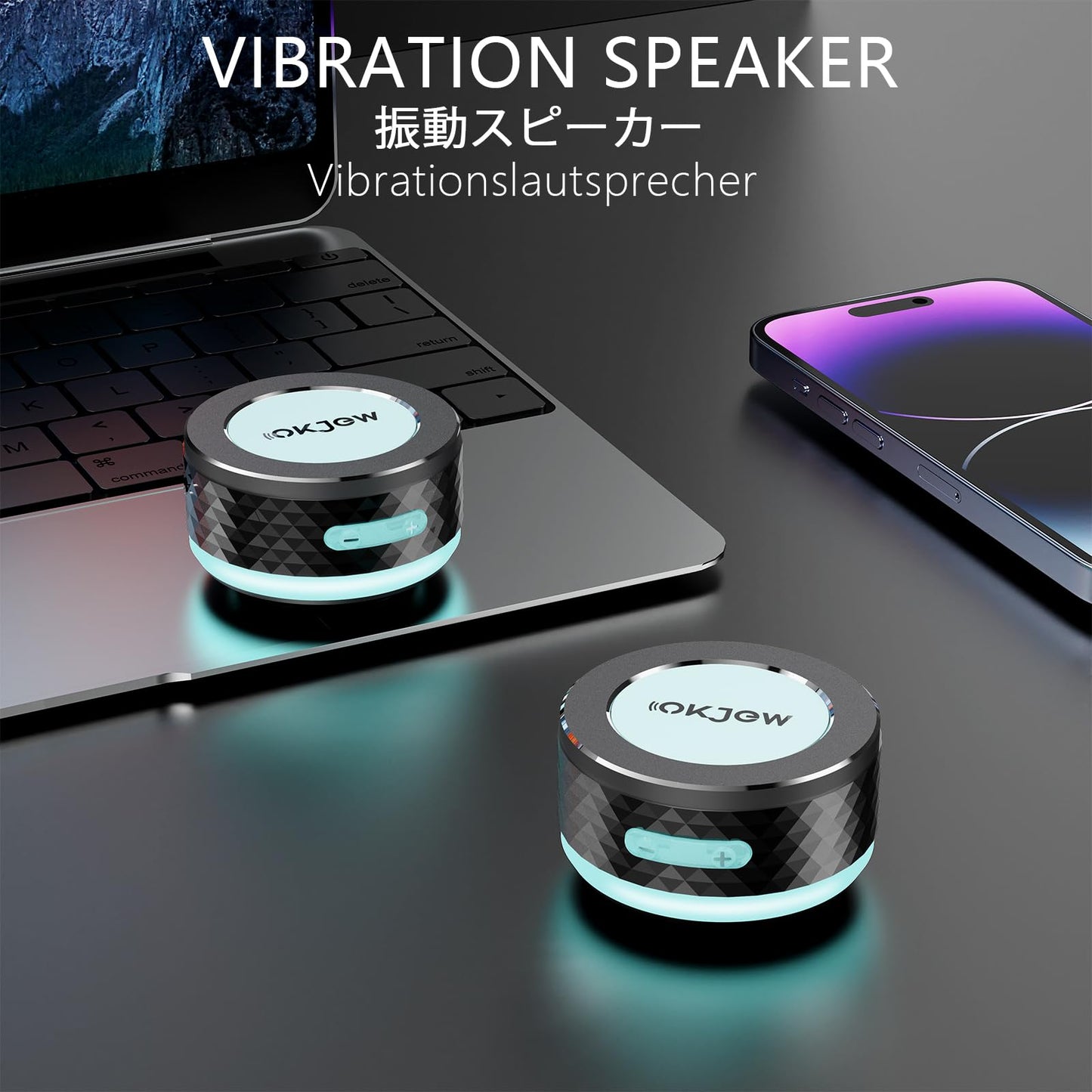 Okjew Bone Conduction Bluetooth Speaker with Colorful LED Breathing Lights, Portable Surface-Vibration Speaker, 360° Surround Sound for Home, Outdoor