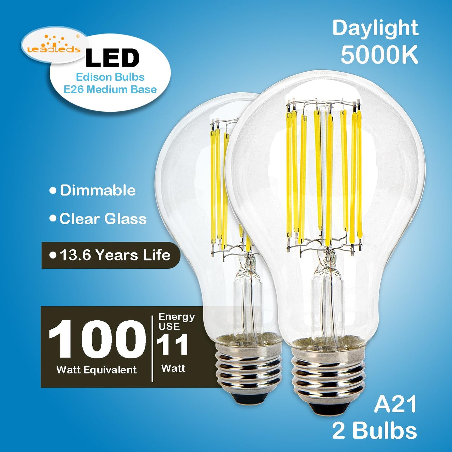 2 Pack Dimmable LED Edison Bulbs 100W Equivalent, 11W 5000K E26 Light Bulbs