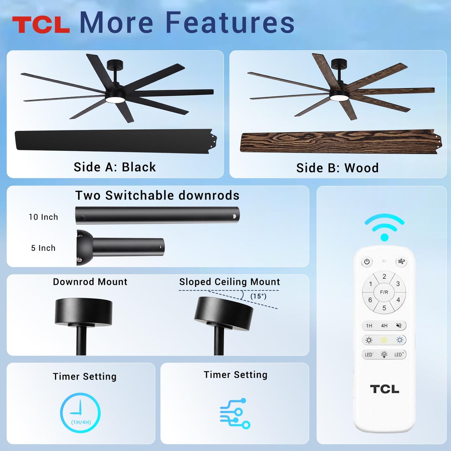 TCL 72 Inch Large Black Ceiling Fans with Lights and Remote