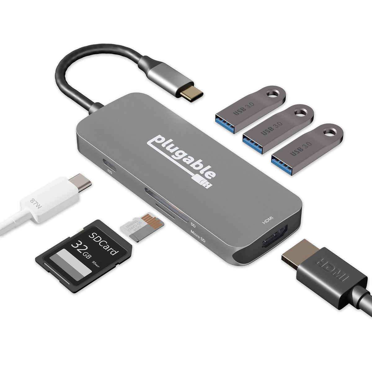 Plugable USB-C Hub 7-in-1 for Single HDMI Display, Driverless Hub