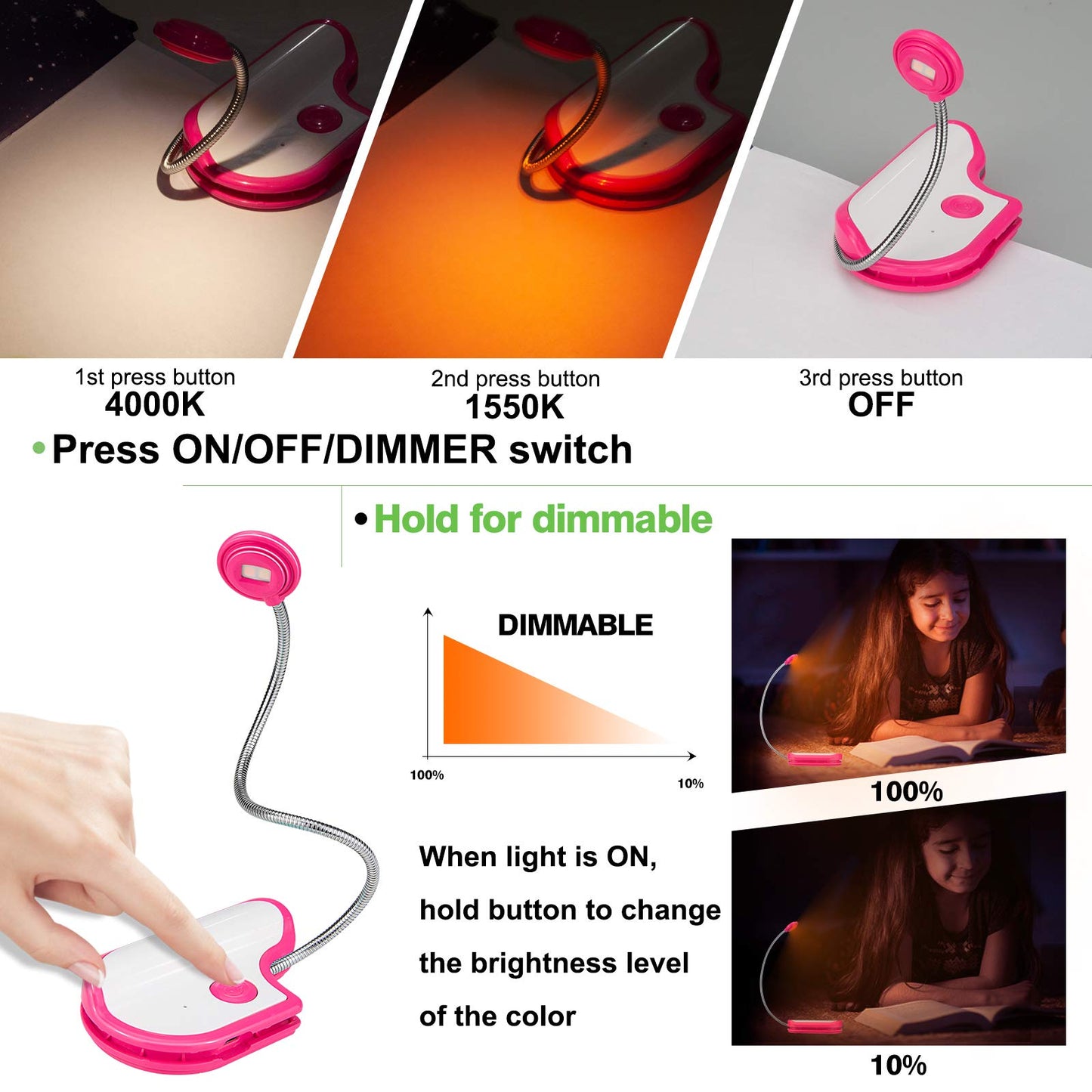 HONGUT Amber Reading Light Rechargeable, Book Light Kids for Reading in Bed, Clip On Reading Book Light, 2 Lighting Modes, Blue Light Blocking