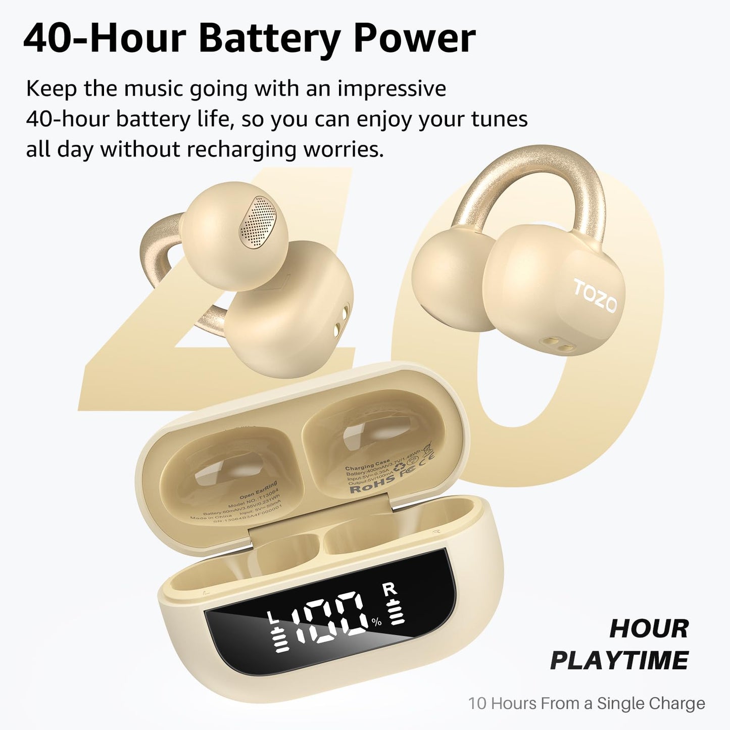 TOZO OpenEarRing Open Ear Earbuds 40H Bluetooth 5.4 Lightweight Comfort