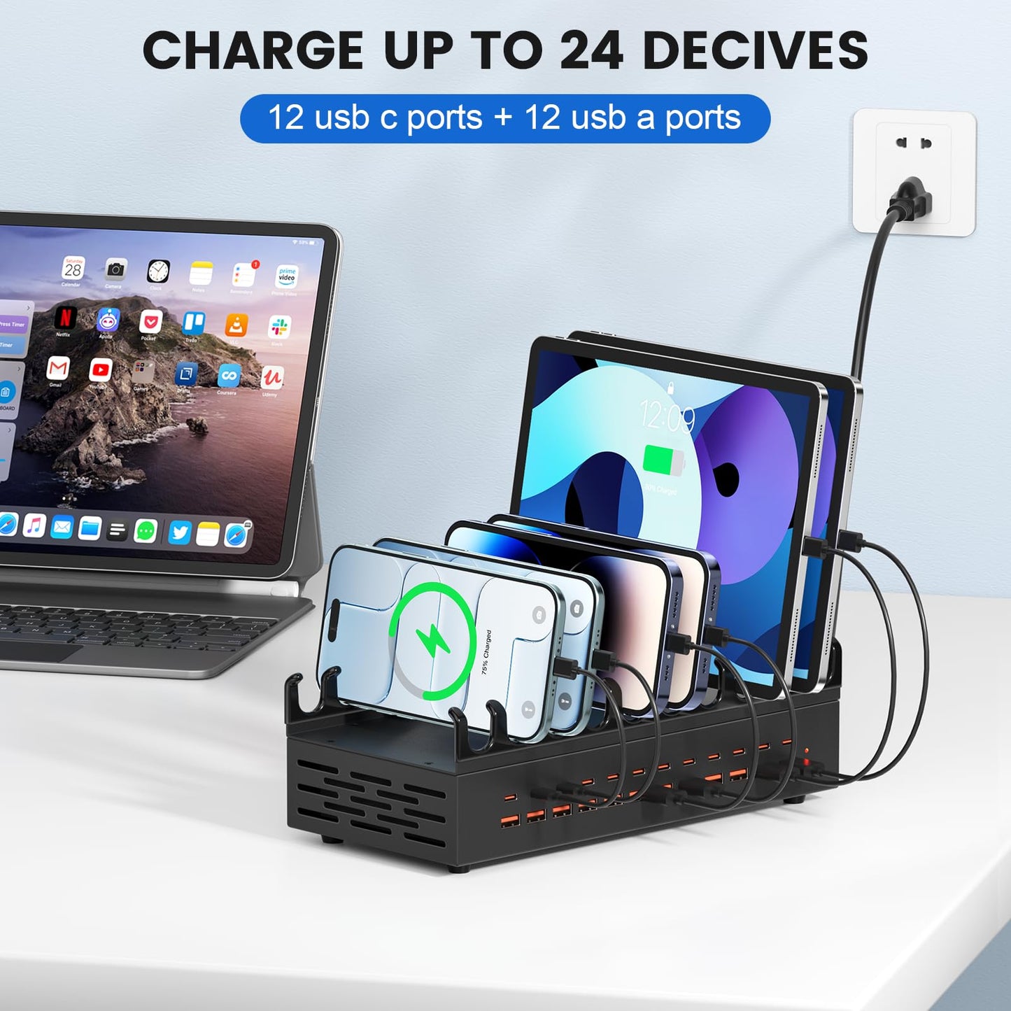 USB Charging Station 300W 24 Ports, Smart Power Distribution and Safety Protection PD/QC Charging Technology Multi Port Fast Charger with 12 USB-C