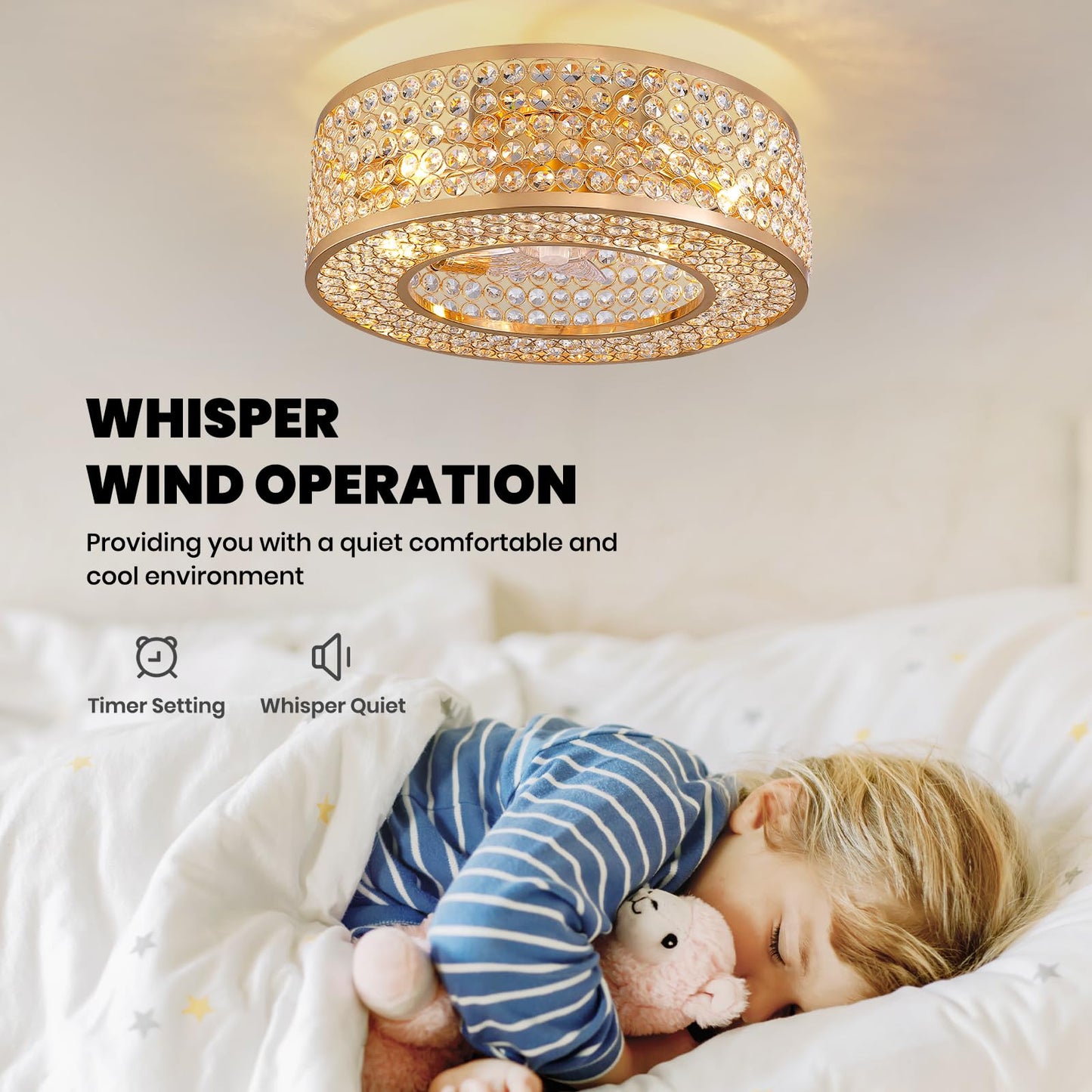 APBEAMLighting 20" Caged Crystal Ceiling Fan with Lights Flush Mount Gold Fandelier Low Profile Chandelier Fan Enclosed Ceiling Fan Light Fixtures