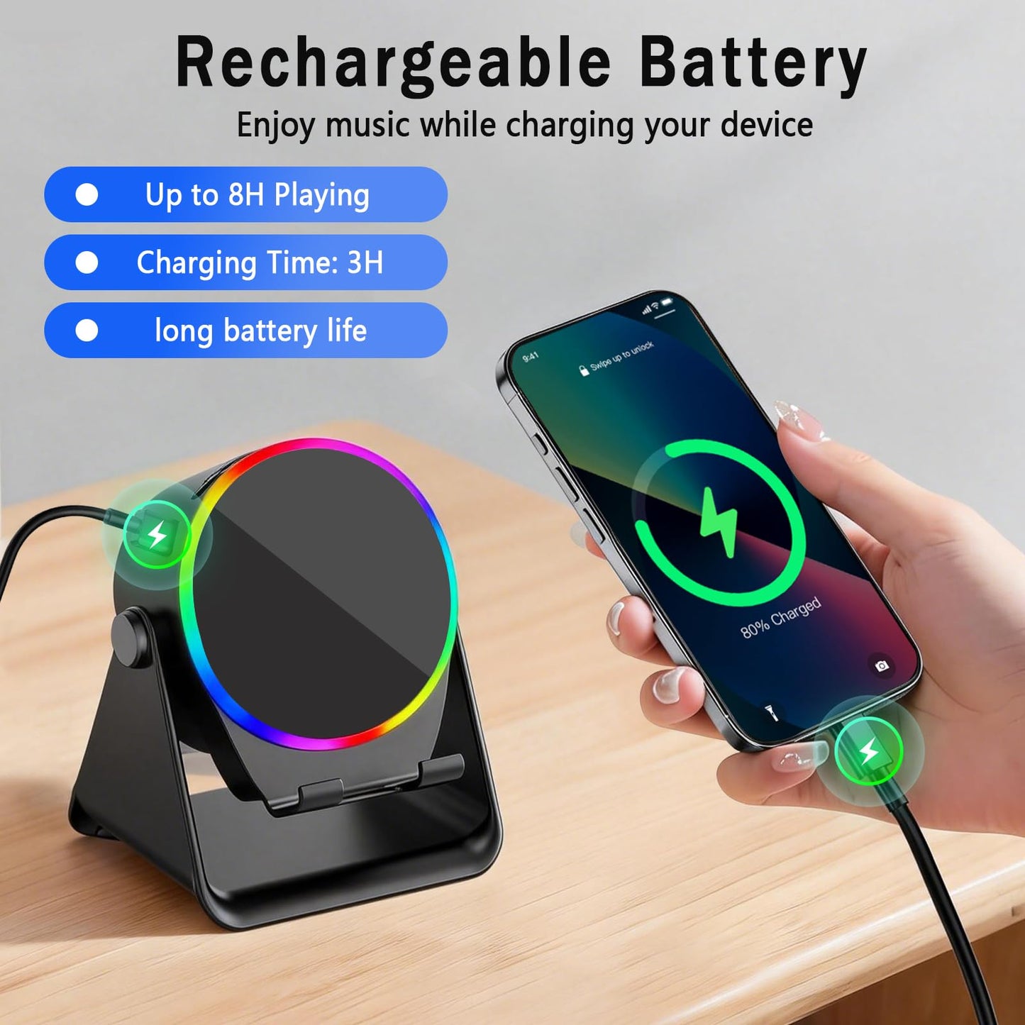 TEFELE Wireless Induction Speaker, 5-in-1 Bluetooth Speaker with Phone Holder, 360° Rotation & RGB Lights, HD Stereo Sound for iPhone/Samsung/Android