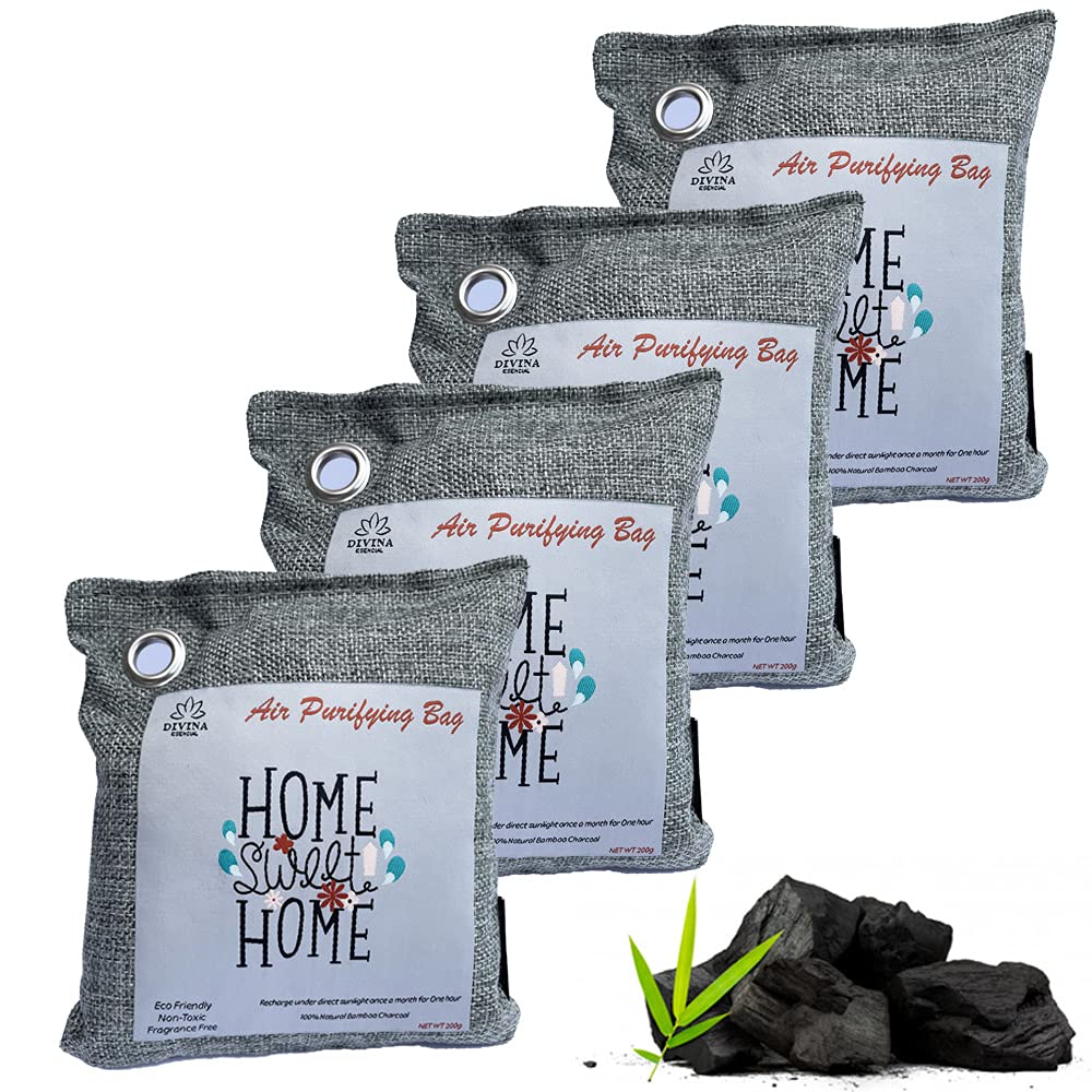 Divina Esencial Bamboo Charcoal Air Purifying (Bag 4X200g), Removes Odors and Moisture, Nature Fresh Air Purifier Bags, Odor Eliminator for Home, Car