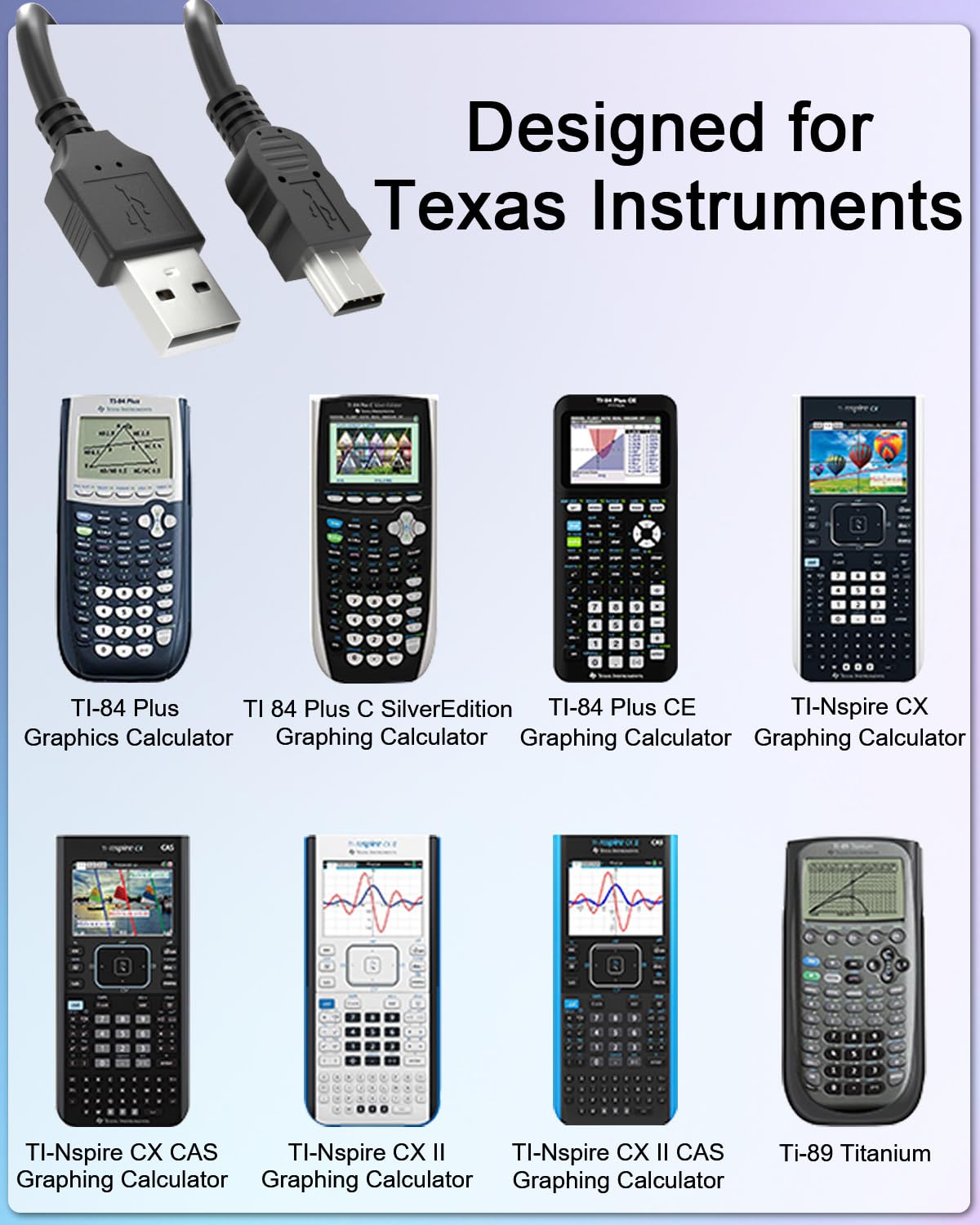 Mini USB Cable Compatible with Ti-84 Plus CE Charger 480 Mbps Mini B to USB for Texas Instruments Ti 84 Plus/C Silver Edition,Ti-Nspire CX/CAS,Ti-89