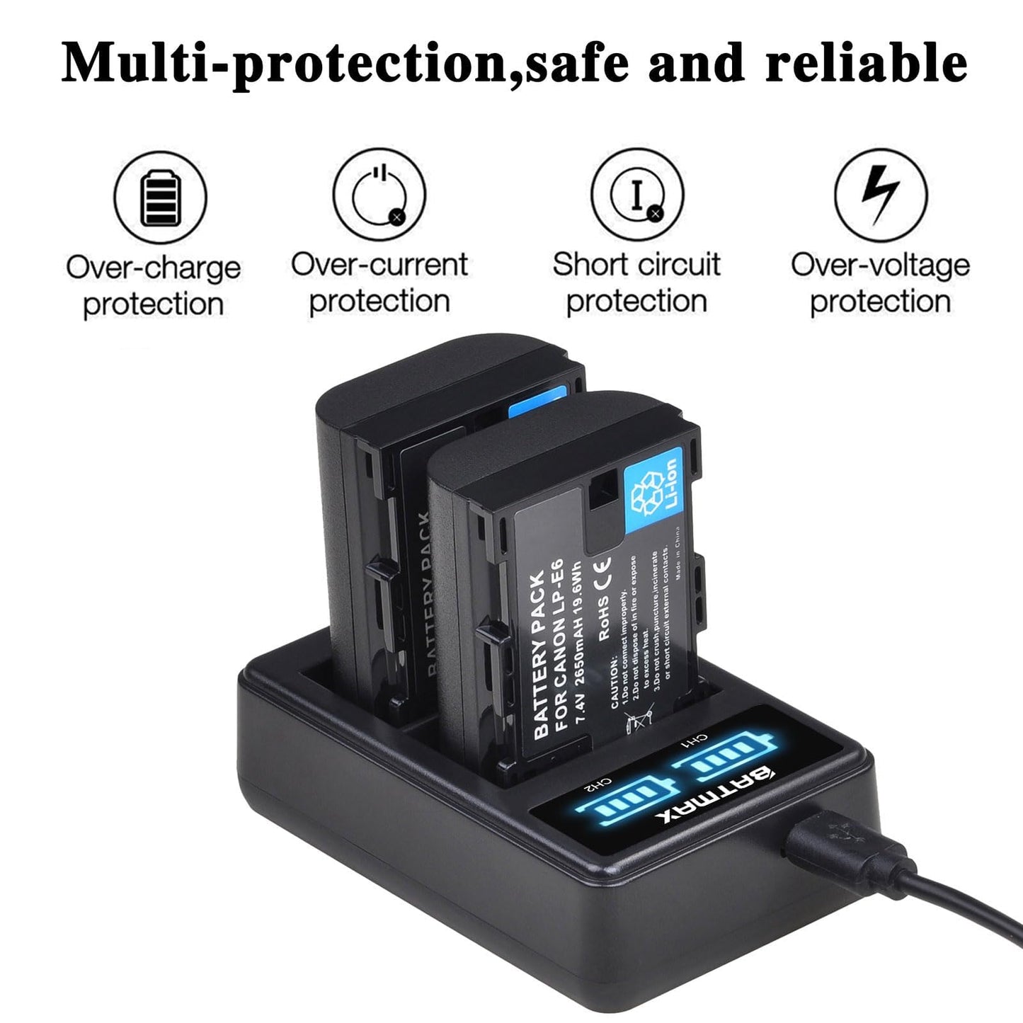 Batmax 2Pcs 2650mAh LP-E6 LP-E6N Battery + LED Dual Charger for Canon EOS R, R5, R6, Ra, XC10, XC15, 5D Mark II/III/IV, 5DS, 5DS R, 6D, 6D Mark II