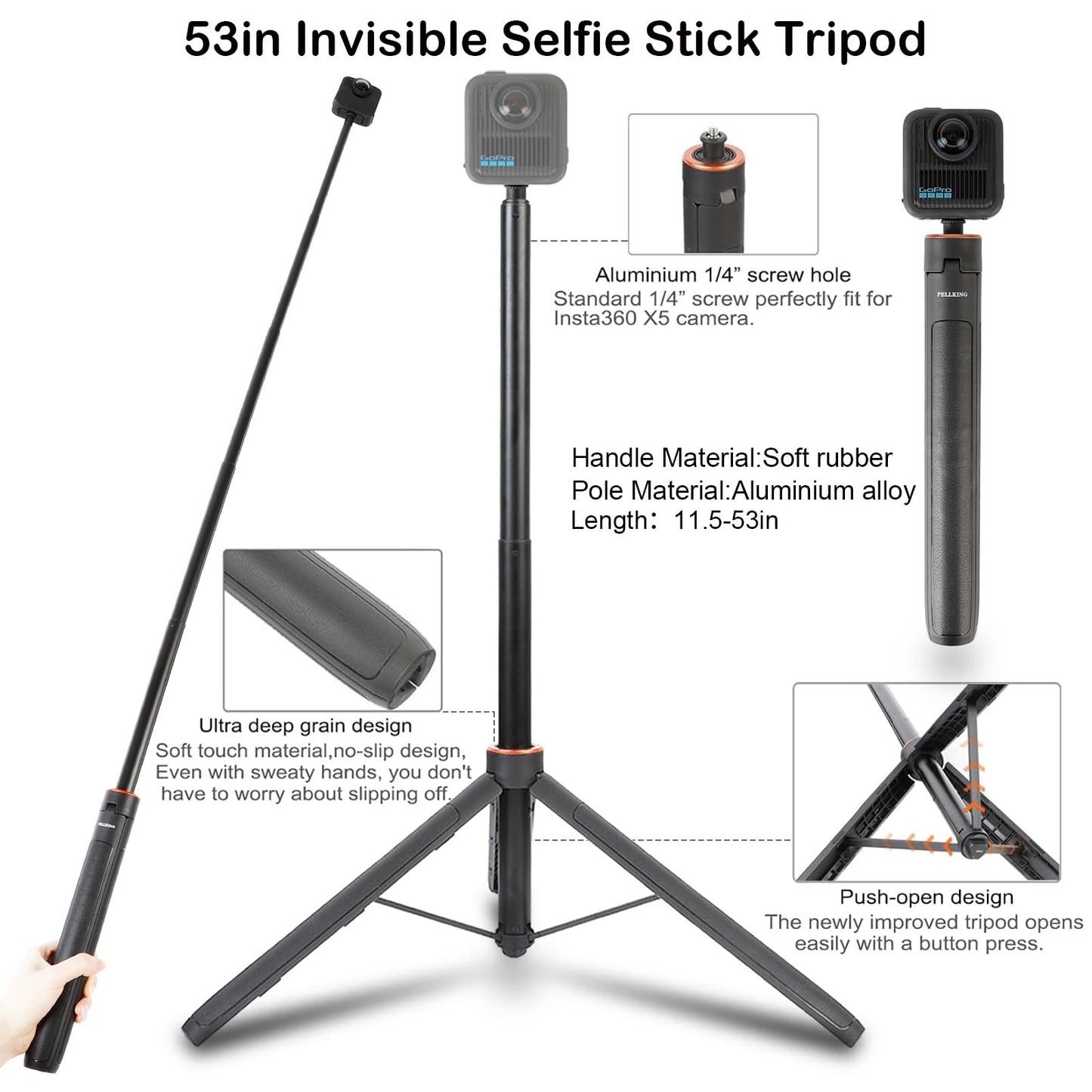 PellKing Accessories Kit for Gopro Max2,Included Carrying Case with Belt,135cm Selfie Stick Tripod,Handlebar Mount,Magnetic Mount,4 Pcs Body Strap