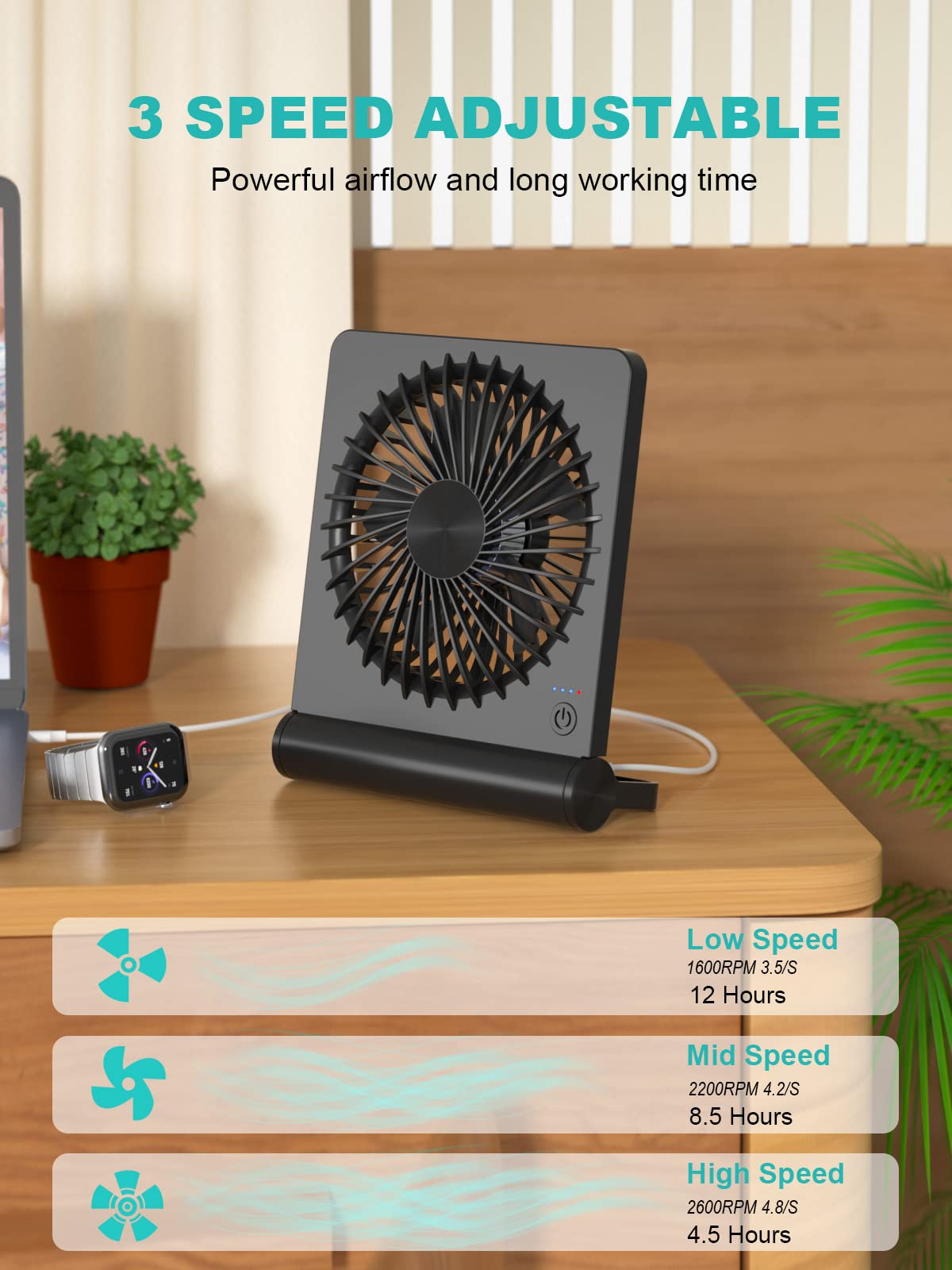 Desk Fan, Rechargeable Battery Operated, 3 Speeds Ultra Quiet Strong Wind