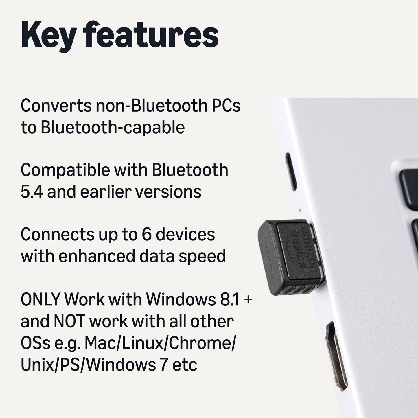Amazon Basics Bluetooth 5.4 USB Adapter Dongle for PC, USB Receiver for Bluetooth Mouse, Keyboard, Laptop, Windows 11/10/8.1 Compatible
