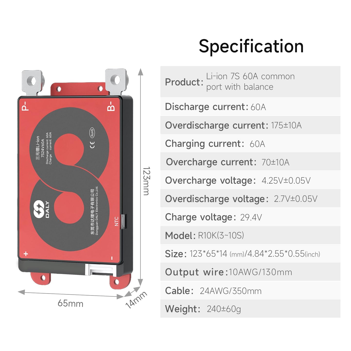DALY 24V BMS li-ion 7S 60A with Balance Wire and Temperature Sensor for Rated 3.7V Lithium Battery Power Bank Short Circuit Protection(Standard…