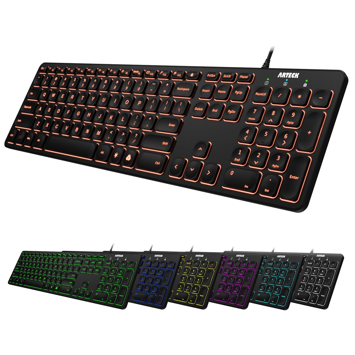 Arteck Backlit USB Wired Full Size Keyboard with Media Hotkey for PC and Laptop