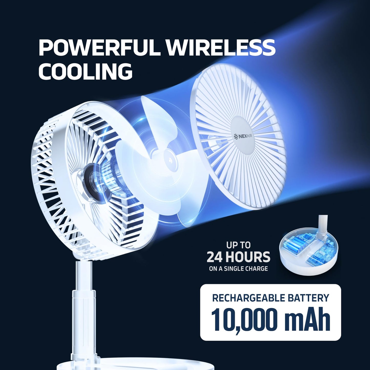 NEXAIR 8" Foldable Fan, Oscillating 4 Speed Portable Fan Adjustable Height 14”-40", Remote Controlled folding Fan with 10,000mAh Rechargeable Battery