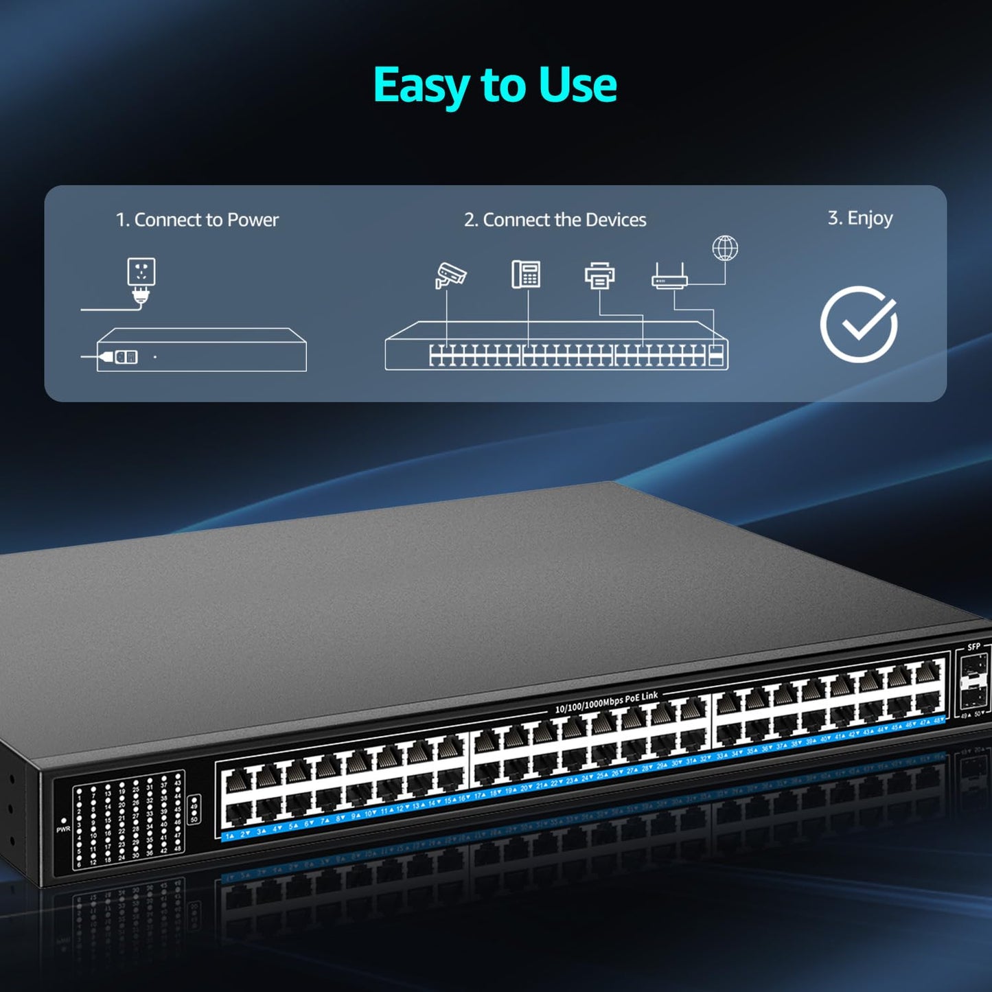 48 Port Gigabit PoE Switch Unmanaged with 48 Port IEEE802.3af/at PoE+@400W, 2 x 1G SFP, NICGIGA 50 Port Network Power Over Ethernet Switch