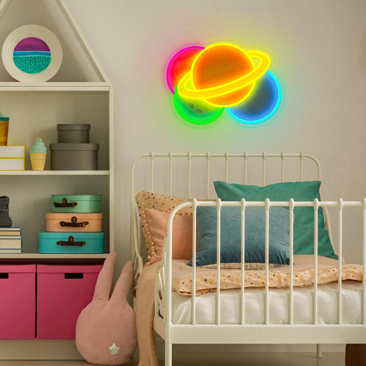 Planet Neon Sign 16.5x12.2inch Big Dimmable Saturn Led Light Colorful USB Powered Four-Planet Combination Space Neon Light Up Sign for Bedroom Living