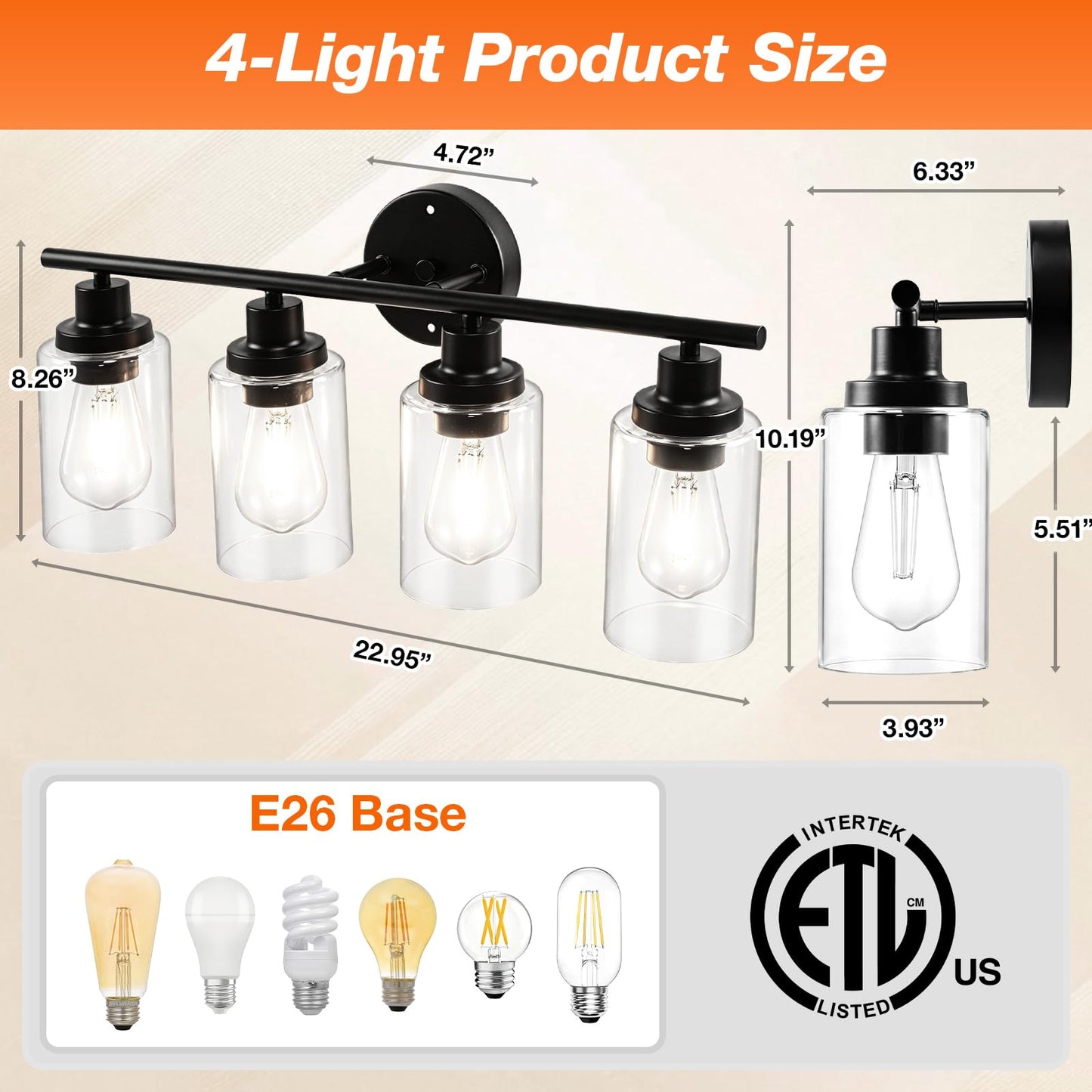 Sylvania 23" Bathroom Light Fixture with 4 Clear Glass Shade, Iron with Black Finish, E26 Medium Base, Vanity Lights for Bathrooms, Foyers, Entryways
