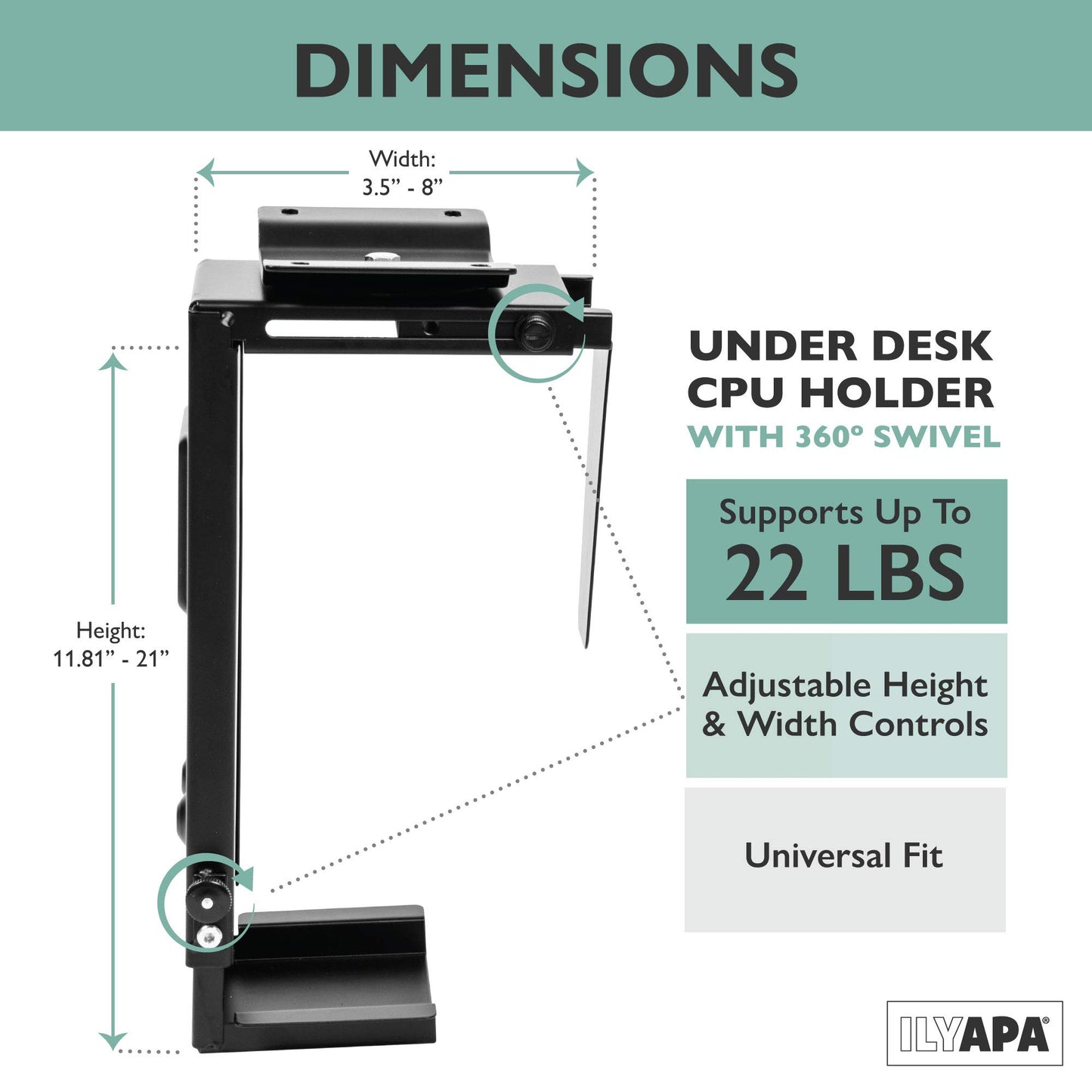 Ilyapa Under Desk Computer Mount with 360 Degree Swivel - CPU Holder for PC Desktop Tower