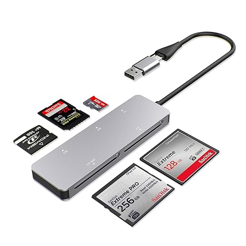 CFast 2.0 Card Reader 5-in-1, USB C USB 3.0 Aluminum Multi-Slot Memory Card Adapter with 5Gbps High-Speed Data Transfer, Simultaneous Reading