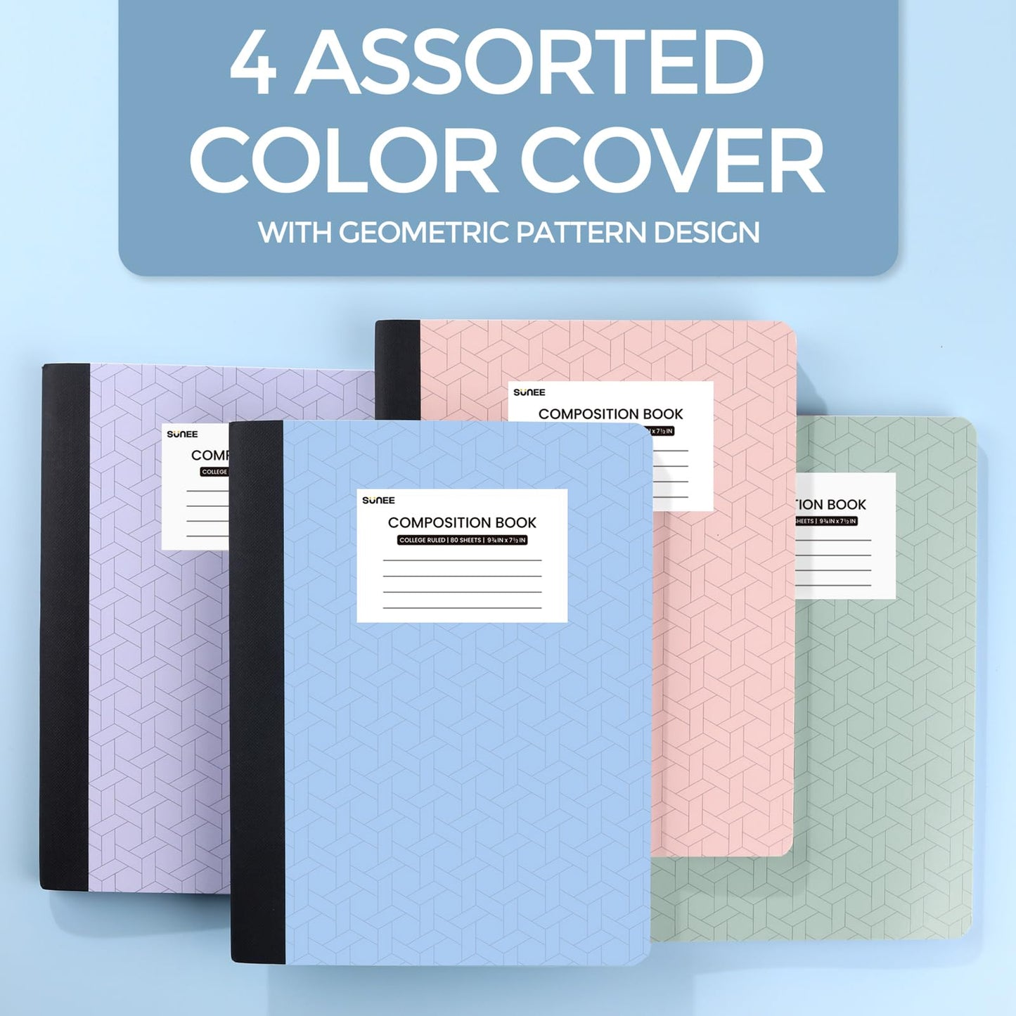 SUNEE Composition Notebooks - College Ruled Paper, 4 Pack Composition Book, 9 3/4" x 7 1/2", 80 Sheets/160 Pages, Assorted Colors, School, College