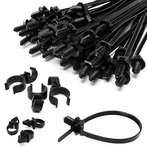 S SYDIEN Push Mount Zip Ties 50Pcs, Heavy Duty Black Wire Zips Tie Mounts, 2 in 1 Nylon Self Locking Push Mount Cable Zip Tie for Engine Bay Wire