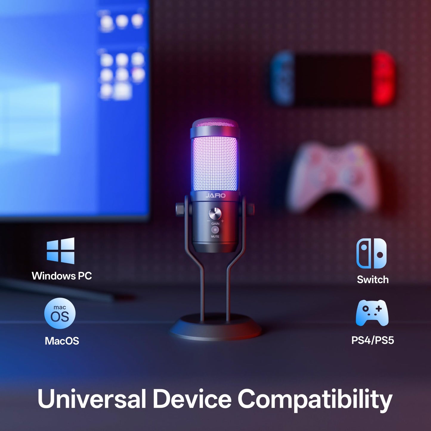 JARO USB Condenser Microphone with Mute Noise Cancelation RGB for Podcasting Gaming Streaming YouTube Zoom AMSR Singing Recording [Compatible with PC