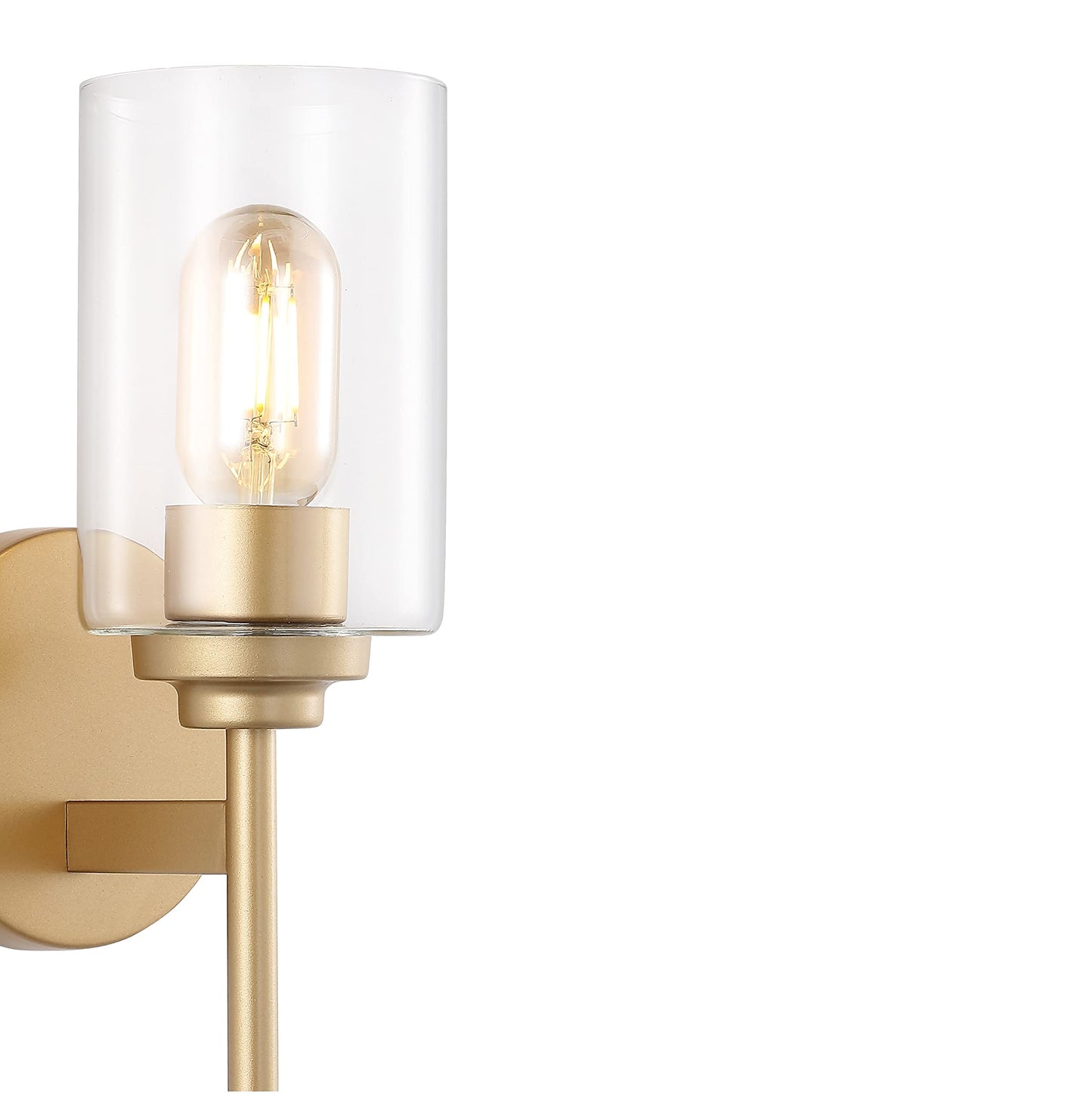 JONATHAN Y 13" Brass Gold/Clear Industrial Farmhouse LED Wall Sconce, with Clear Glass Cylinder Shade, 1-Light Iron Vanity Light for Bathroom Mirror