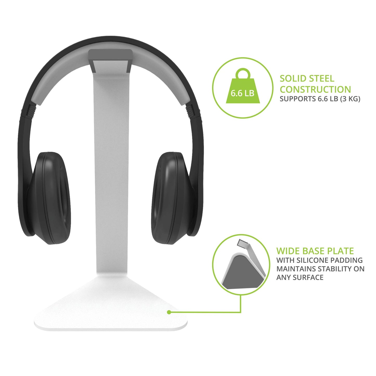 Kanto H1 Universal Headphone Stand - White - Solid Steel Construction - Curved Silicone Resting Surface