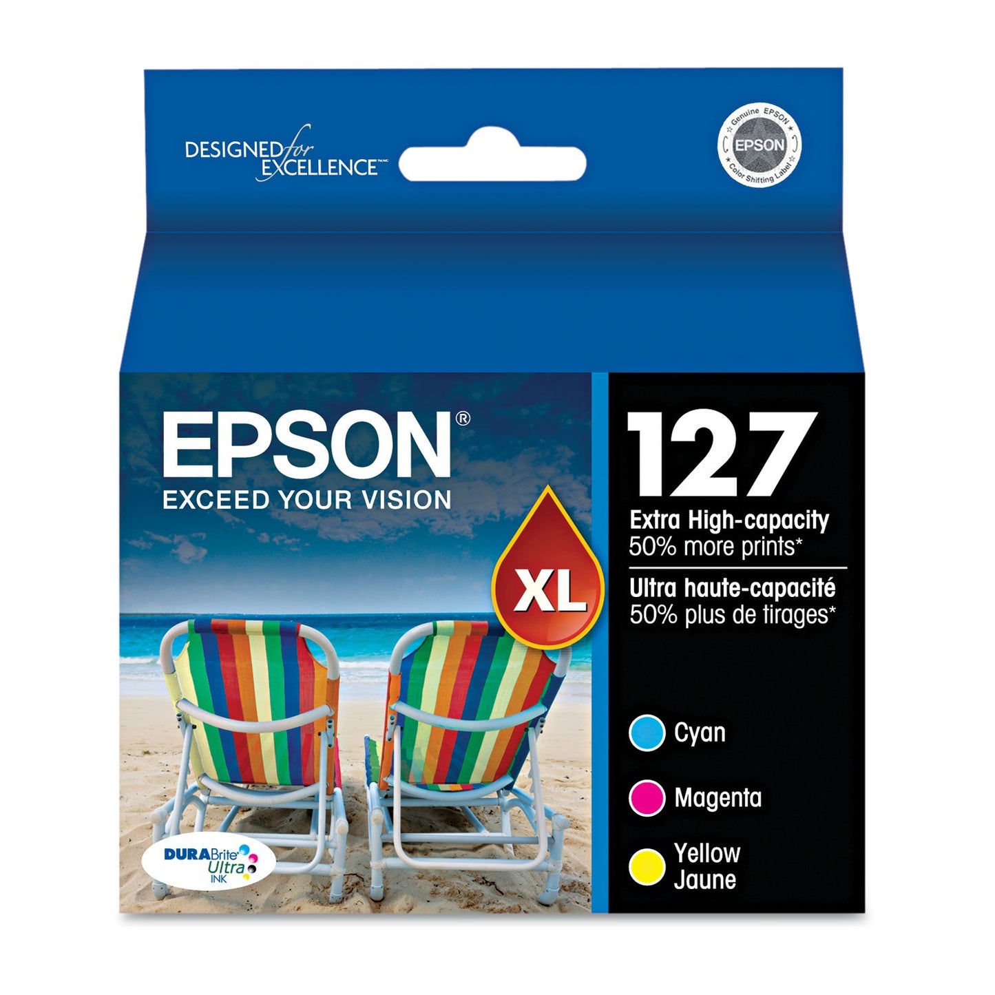 Epson T127520 (127) DURABrite Ultra XHY Ink Cartridges (Cyan,Magenta,Yellow) 3/PK in Retail Packaging