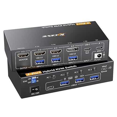 KVM Switch 1 Monitors 4 Computers (USBC+DP+2HDMI Input),4 Ports Hybrid KVM Switch Allow 4 PC Share 1 Monitors and 4 USB Devices Such as Keyboard Mouse