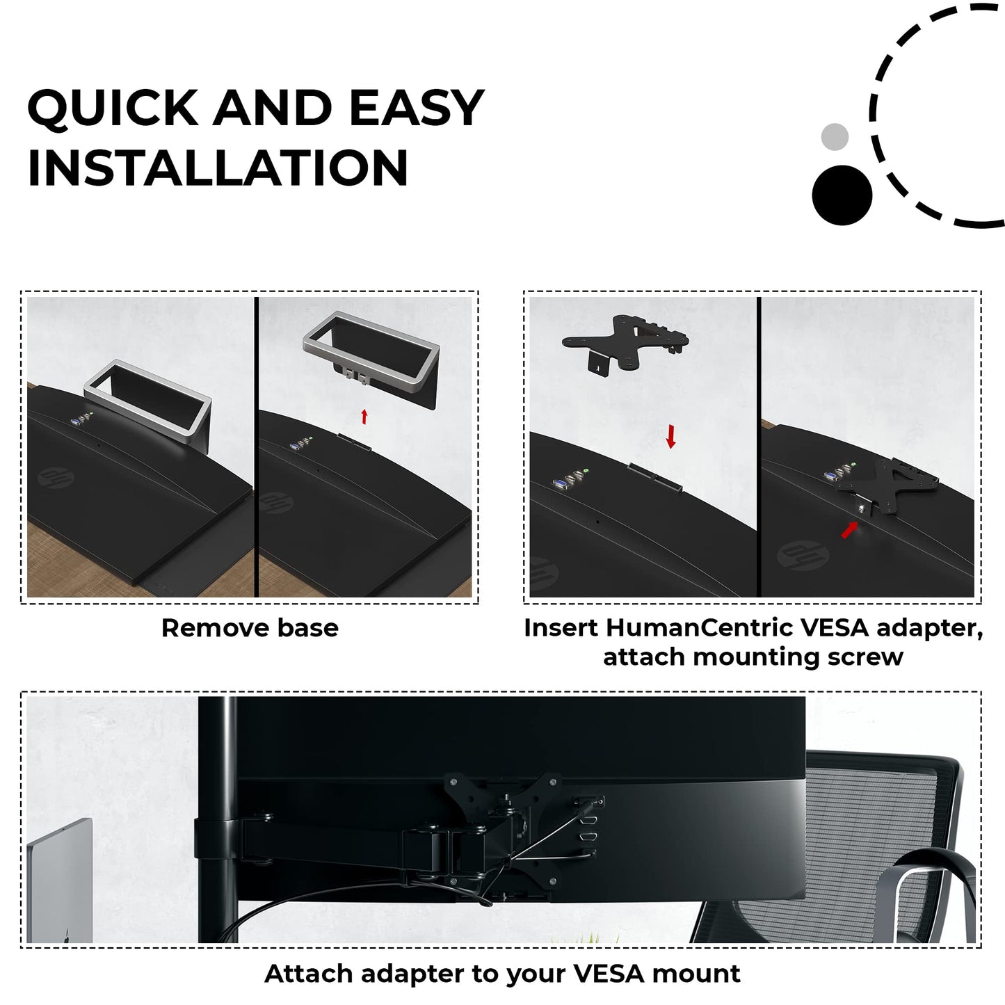 HumanCentric VESA Mount Adapter Compatible with HP Pavilion 27xw, 25xw, 24xw, 23xw, 22xw, 22cwa, 27cw, 25cw, 24cw, 23cw, and 22cw Monitors, Works