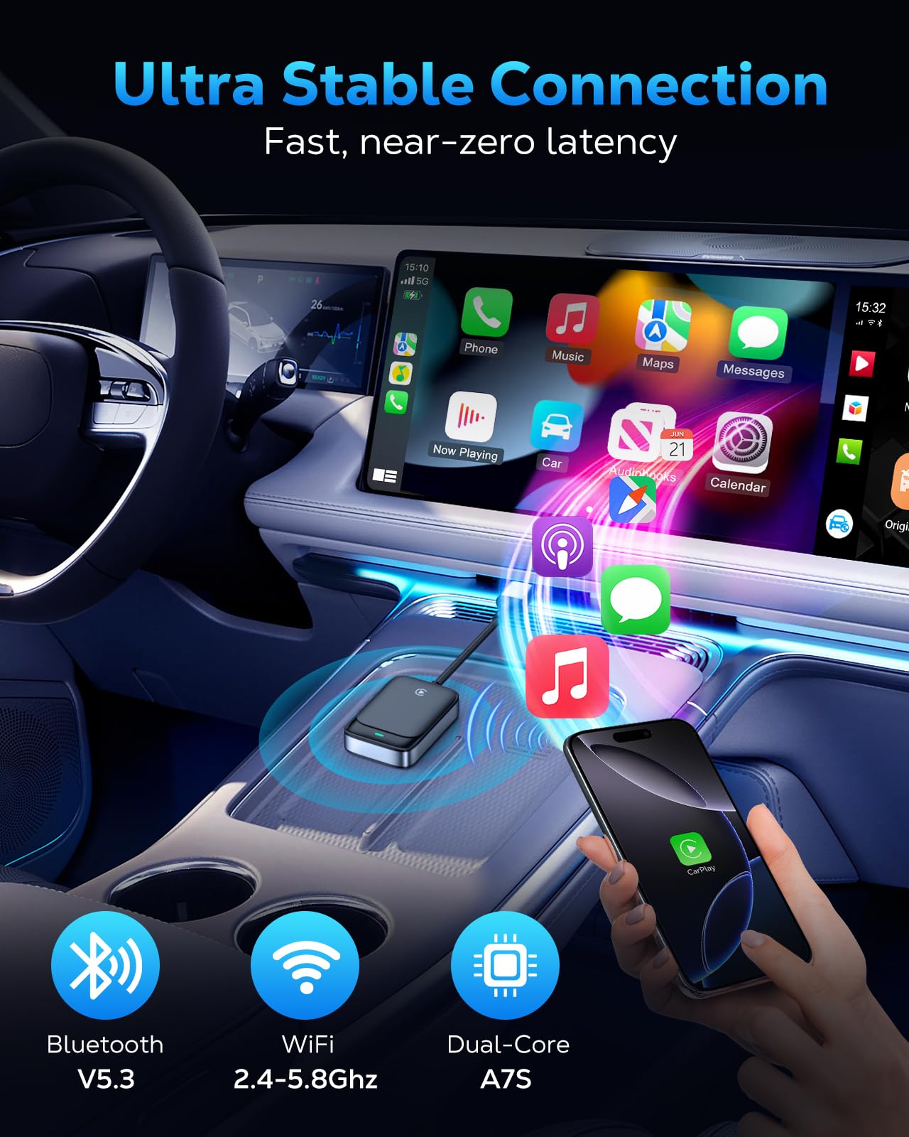 MoKo Wireless CarPlay Adapter for iPhone 2025, Only for iPhone iOS 10+ and Cars with Built-in Car Play, Converts Wired Car Play to Wireless