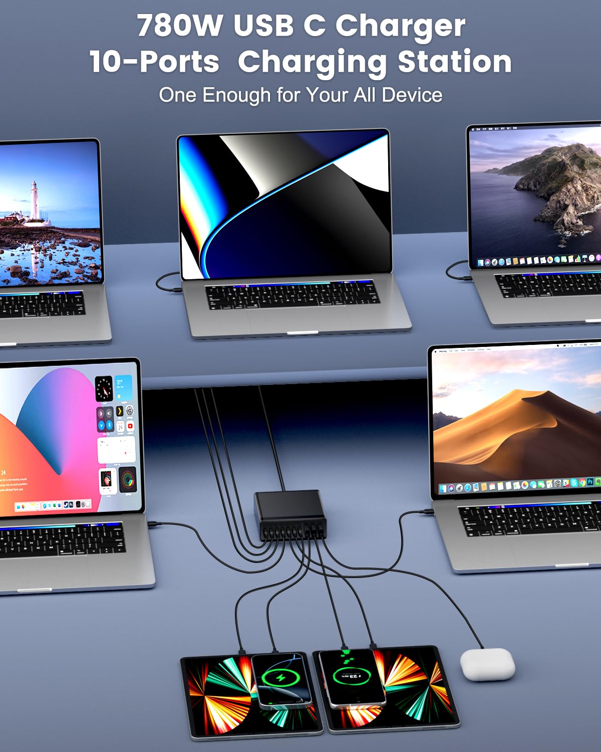 USB C Charger Block, 780W 10 Port Charging Station USB Charger Block Double 120W Gan Laptop Fast Charging Compatible with MacBook Air/Pro, iPhone