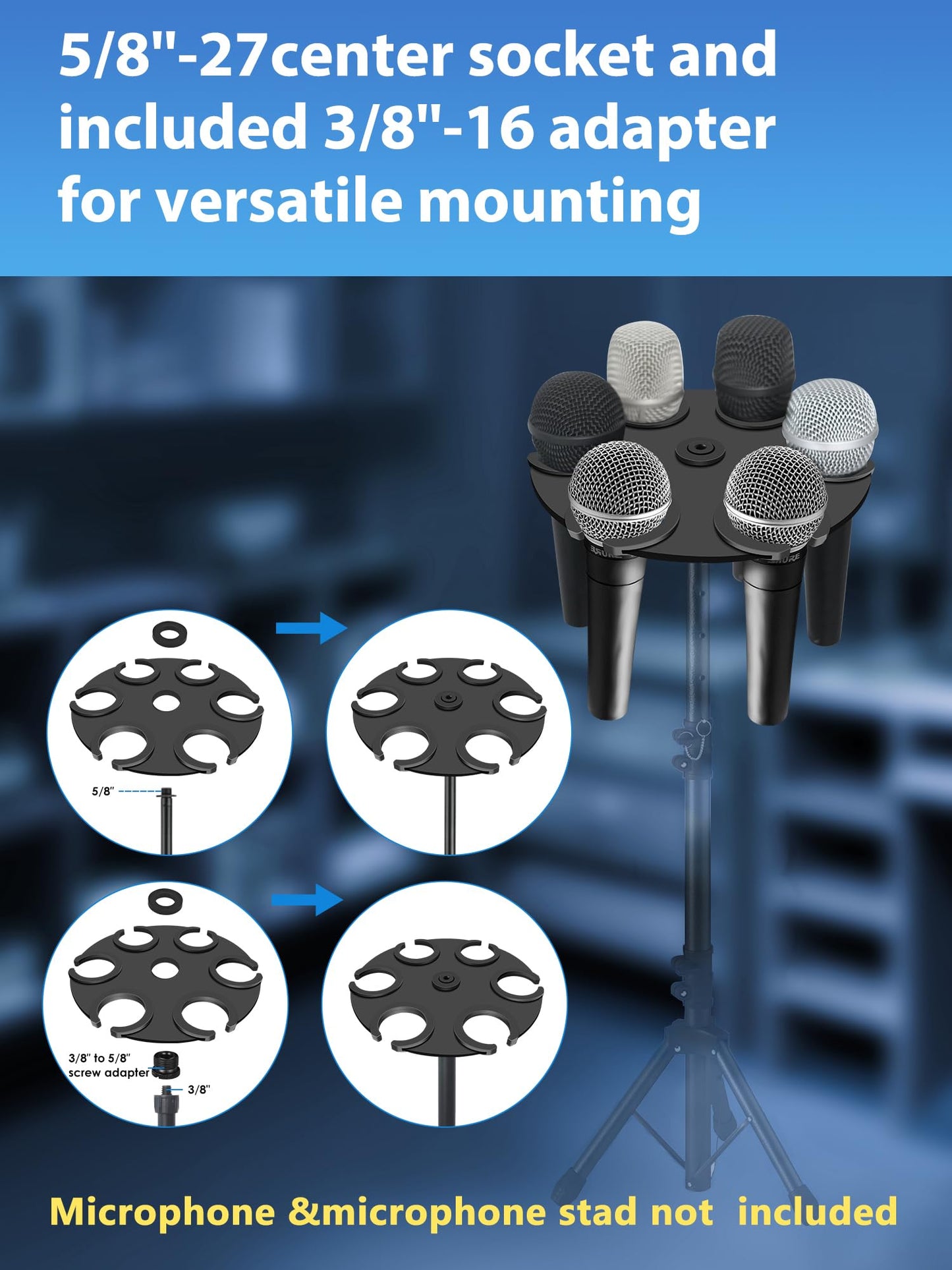 jidinung Multi-Mic Holder Up to 6 Mics (Aluminum/Rubber Padding) for Handheld Dynamic, Wired & Wireless Mics, Mic Stand Organizer, Mounts to 5/8"-27