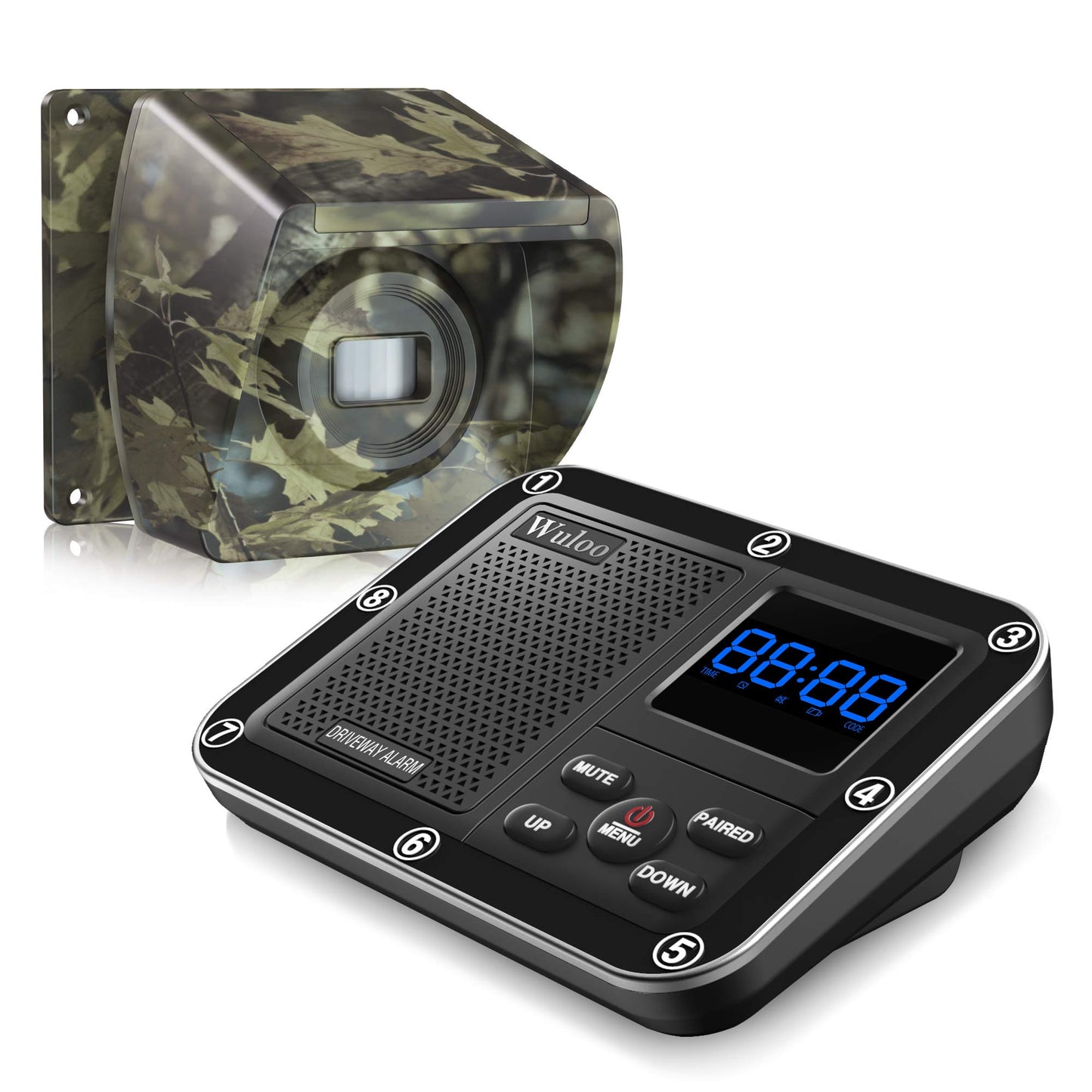 1800 Ft Wireless Outside Driveway Alarm Outdoor Motion Sensor & Detector Driveway Alert System, Rechargeable Battery/Weatherproof/Mute Mode/Clock